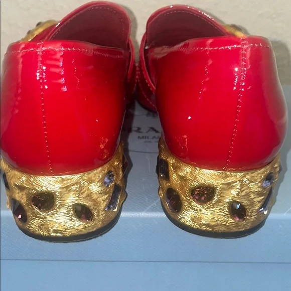 Prada Women's Red Patent Leather Loafers with Gold Accents - Picture 6 of 16